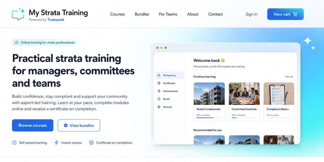 My Strata Training - practical strata training for managers, committees and teams, with course dashboard